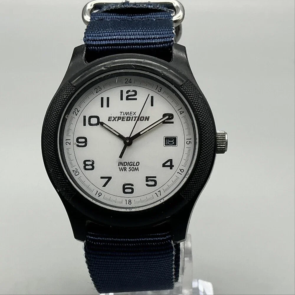 Timex Expedition Indiglo Mens Watch 38mm Black Blue Nylon Strap Date New Battery